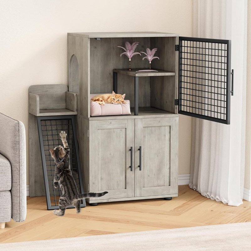 Gray MDF and Iron Cat Litter Box Enclosure with Ladder