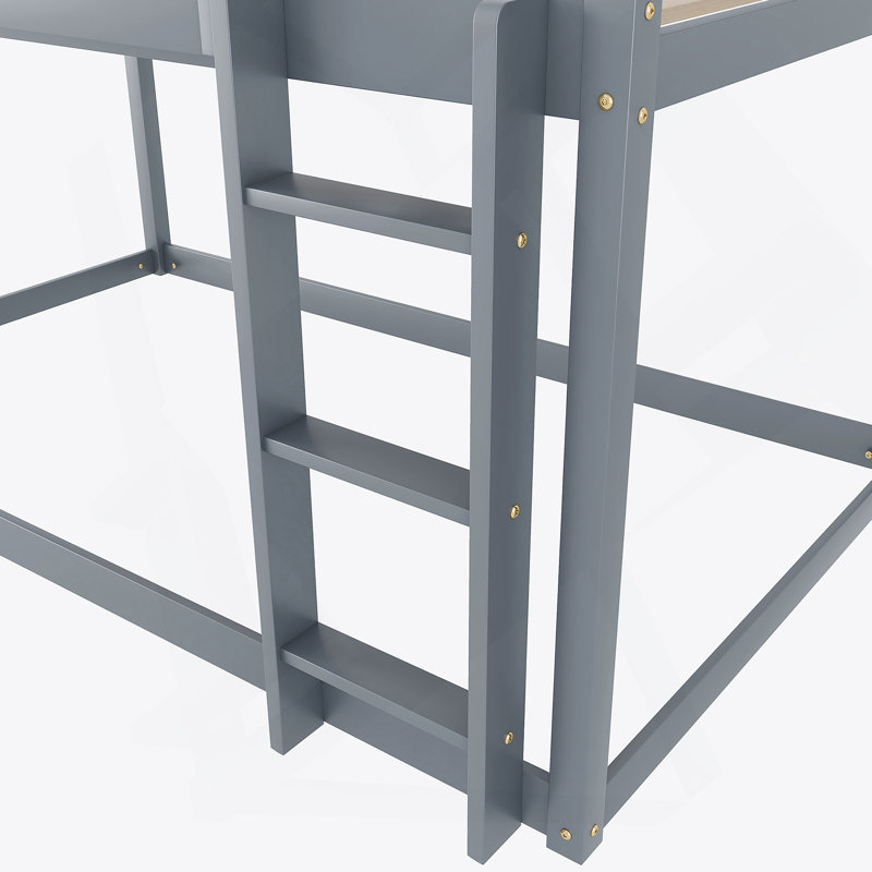 Lit superposé bas simple au-dessus d'un lit simple, lit superposé au sol avec échelle, fabrication en bois massif pour enfants et adolescents, gris, peu encombrant et sécuritaire