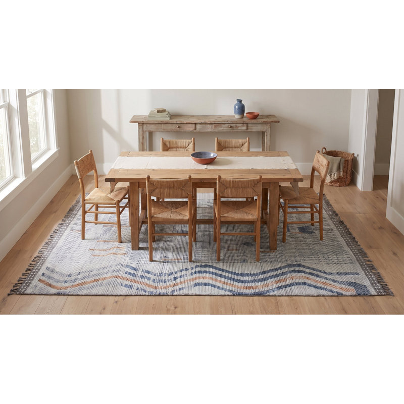 8x11 Ivory Hand-Knotted Wool Linear Maze Motif Tribal Modern Contemporary Carpet Rug