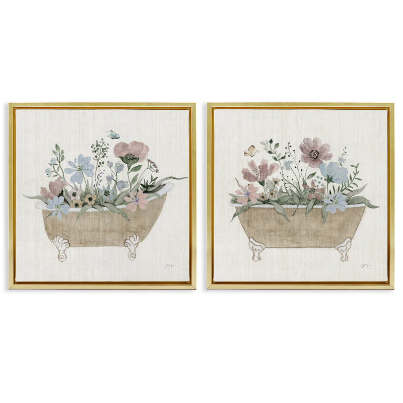 Rustic Florals in Bathtubs 2pc Floating Frame Set, design by Tava Studios, 25" H x 25" W, Metallic Gold Floater Frame