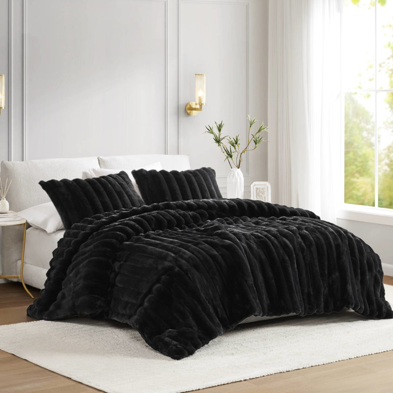 3 pièces, fausse fourrure, édredon, noir, confort douillet, envers, livraison non compressée, texture côtelée moelleuse, lavable à la machine, nettoyage rapide