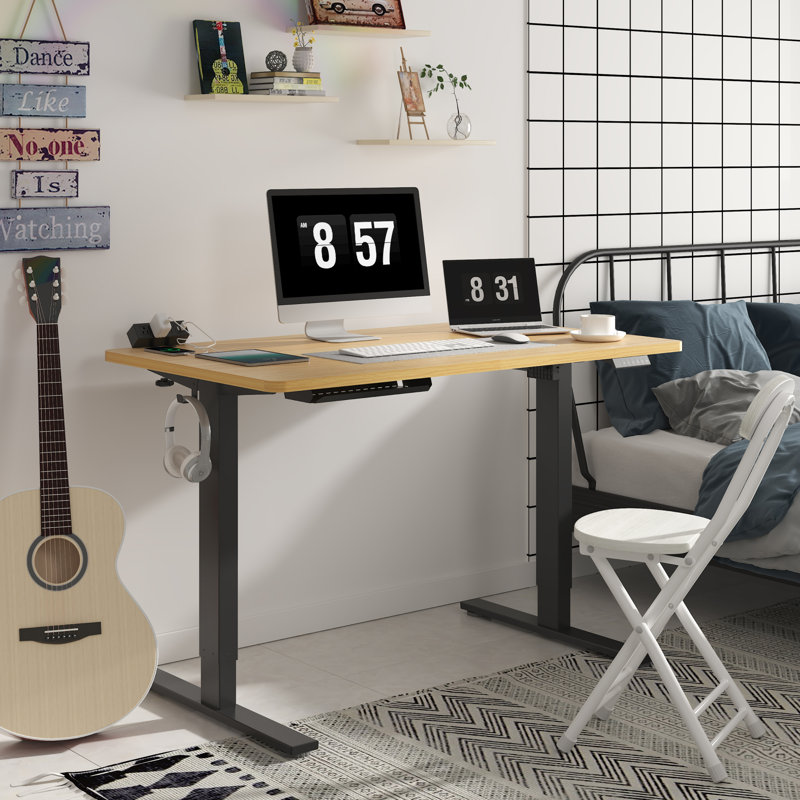 Adjustable Standing Desk, Whole-Piece Desktop, Maple/Black, 48" W x 30" D