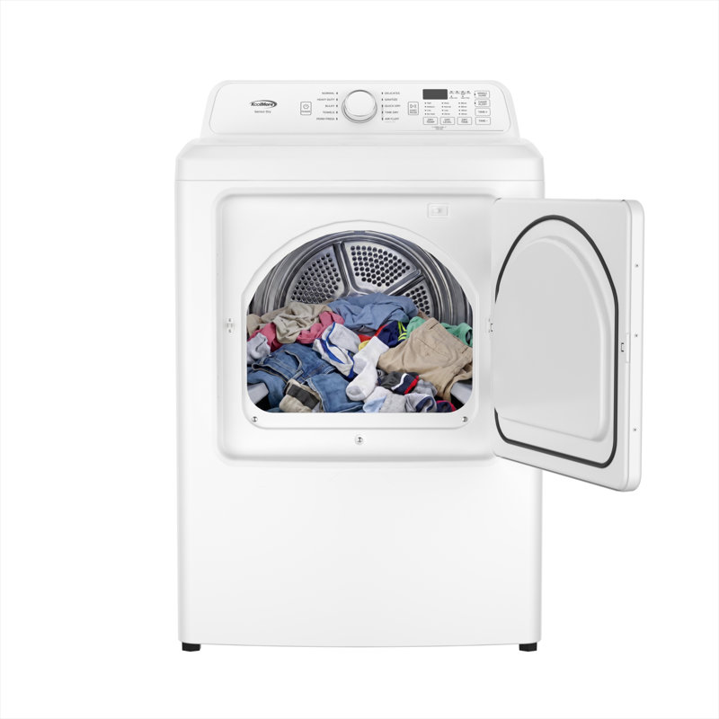27 pouces 7,0 pieds cubes Pi. Sécheuse électrique avec capteur d'humidité, 10 cycles de séchage, 7 options, protection antirides, éclairage intérieur, porte réversible, ventilation à 3 voies, blanc