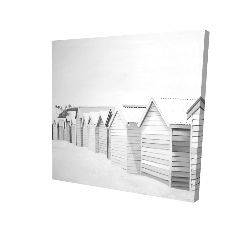 Beach Cabins Canvas | White Sea Monochrome Home Decor