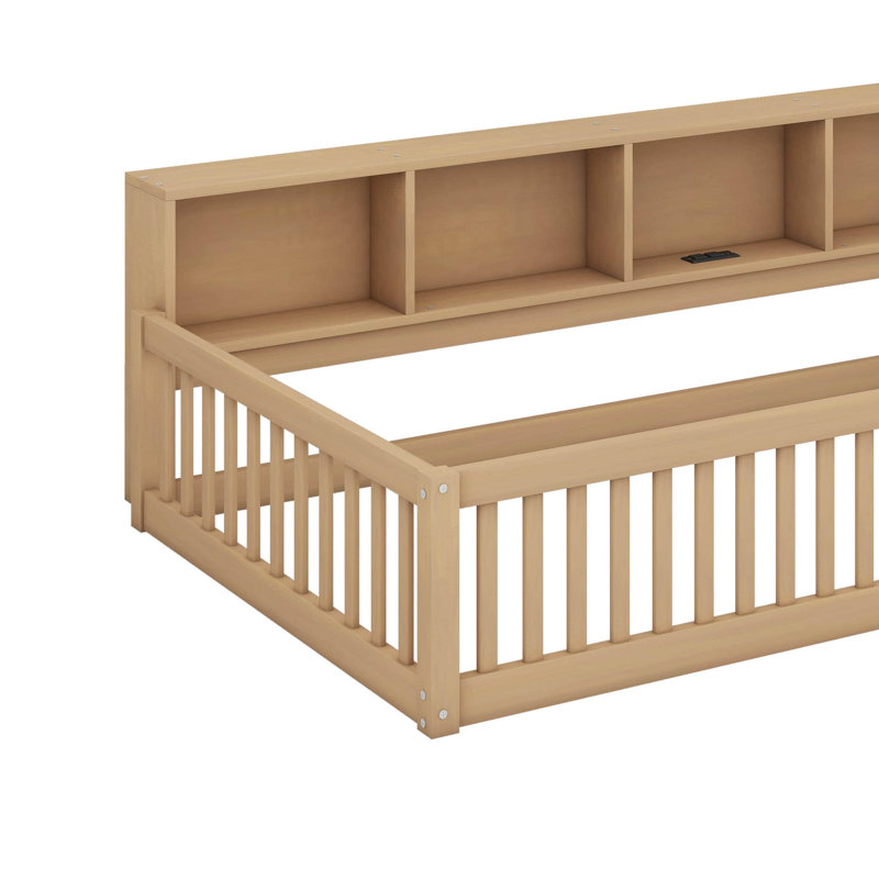 Twin XL Size Floor Bed With Cabinets And USB Ports, Brown