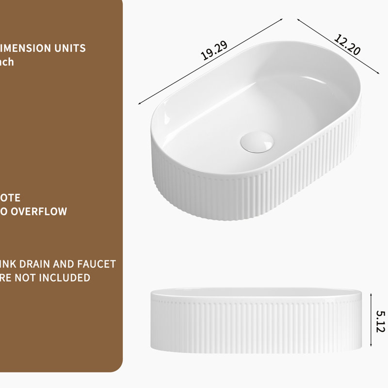 Oval Bathroom Sink, 19 X 12, White Porcelain Vessel, Modern Design With Straight - Line Texture, To Aging 1/4 Wide Above Counter 12 3/8 Deep, For Contemporary Bathrooms