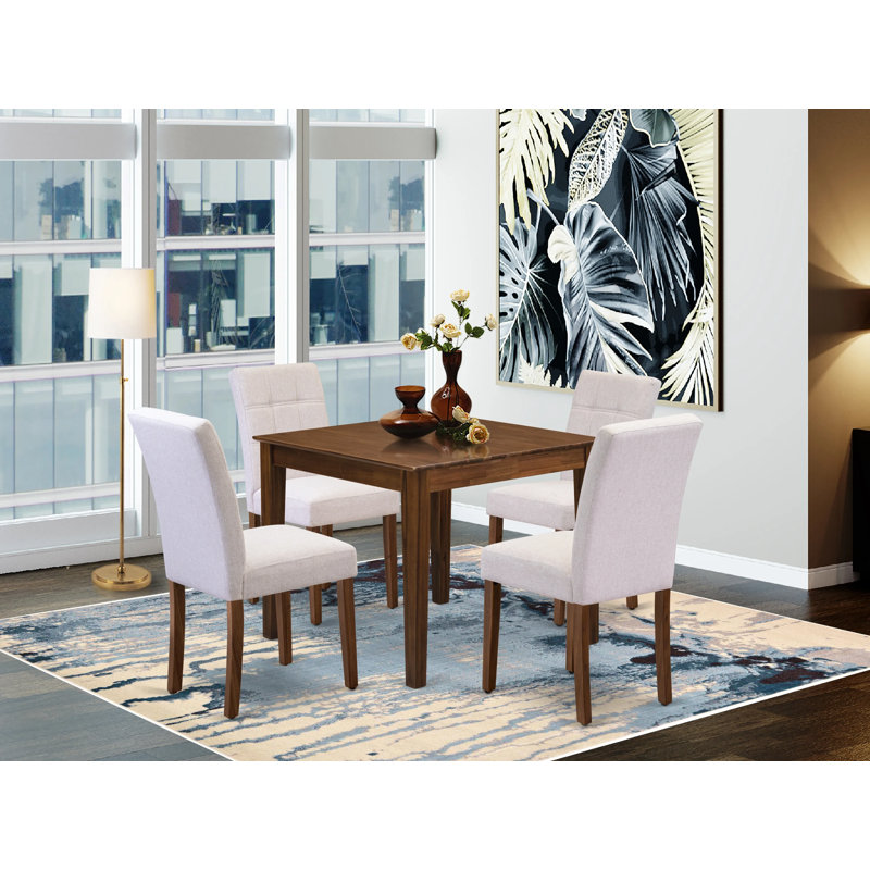 5 Piece Dining Table Set Includes A Mid Century Dining Table and 4 Light Gray Polyester Fabric Dining Chairs, Antique Walnut