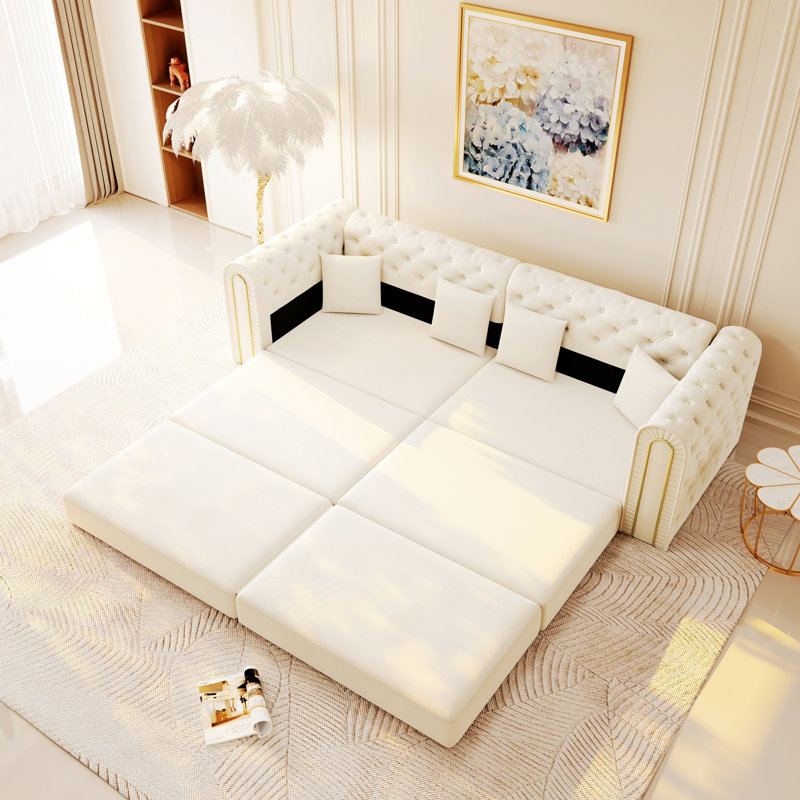Canapé-lit convertible avec repose-pieds mobile, canapé capitonné à boutons pour les espaces de vie, Blanc beige
