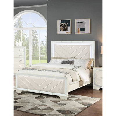 Queen Size Bed With Led Lights, Contemporary Cream Faux Leather Upholstery, Triangle Headboard And , Bedroom Relaxing Decor Splendid Space