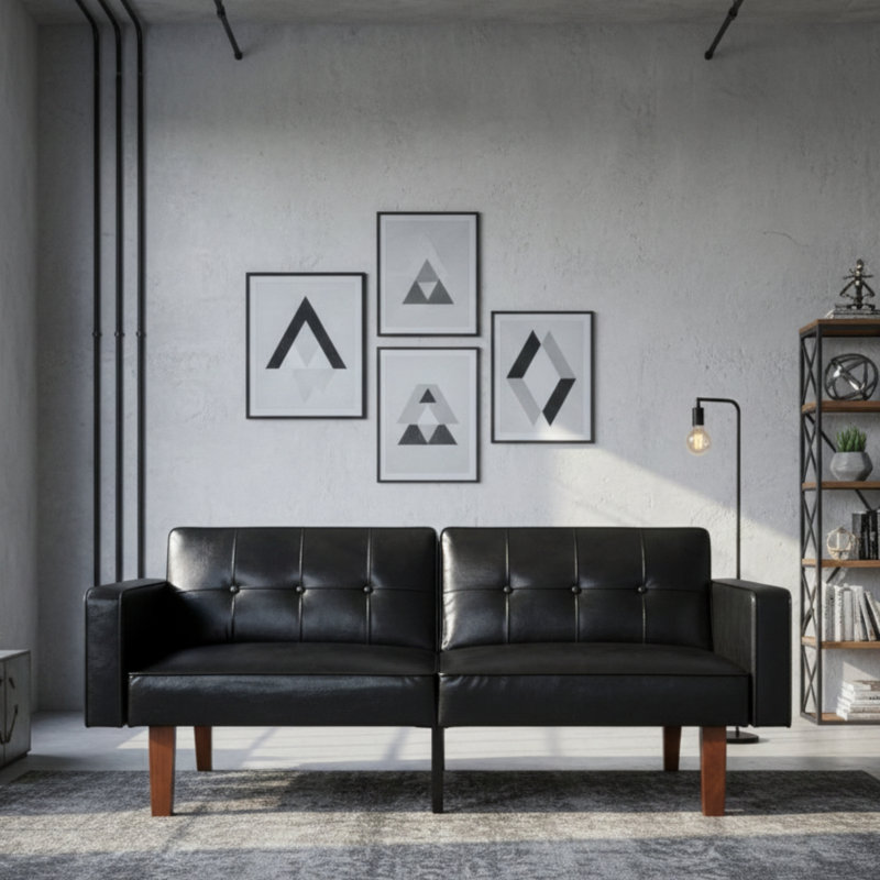 Canapé-lit 68 po Mid-Century, Similicuir noir