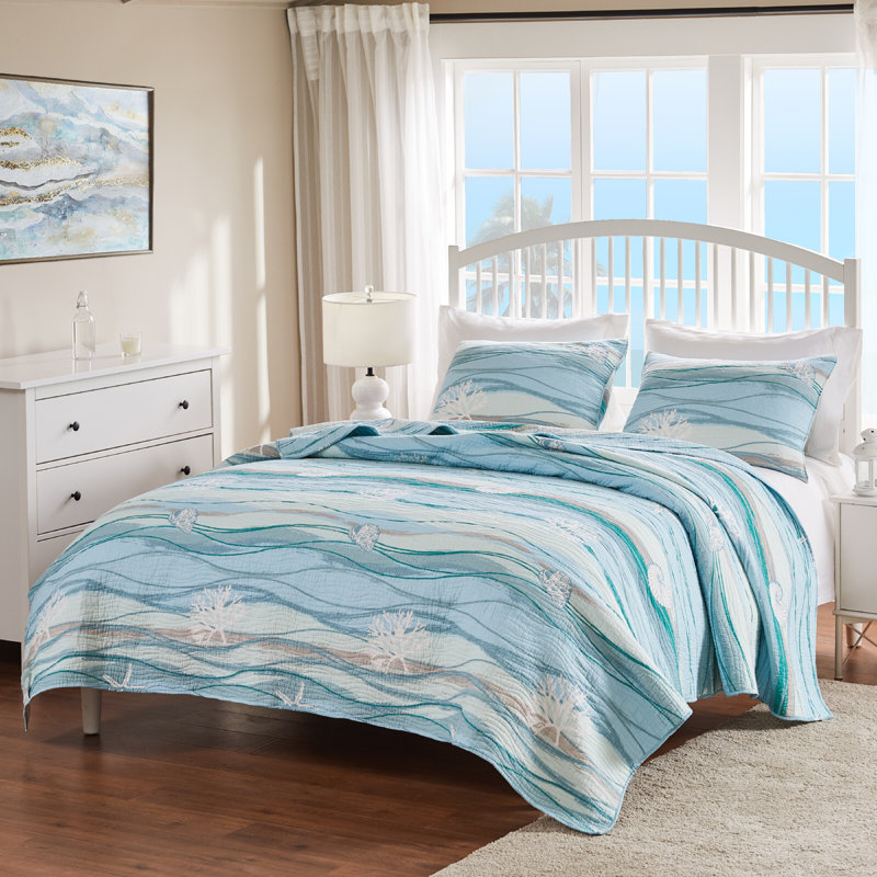Maui Blue Cotton Reversible Quilt Set with Shams