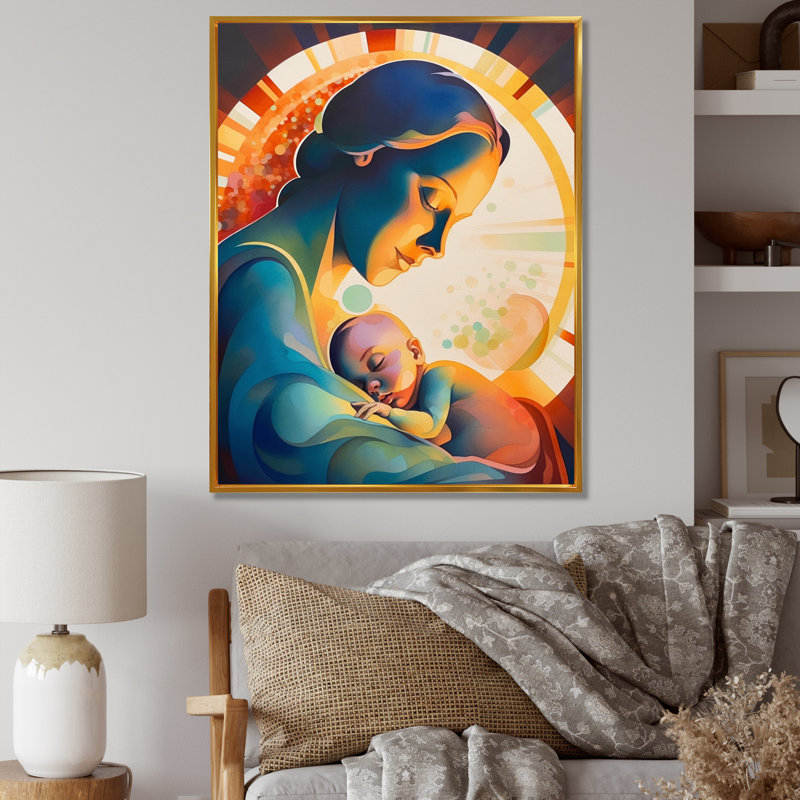 Ange gardien embrassant le bébé IV sur toile, H 32 po x l 24 po x P 1 po, Cadre flottant doré