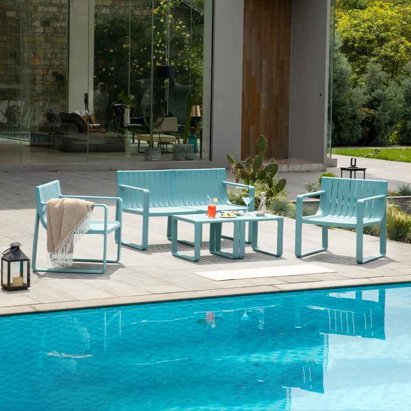 Ensemble de conversation modulaire d'extérieur pour 4 personnes avec table basse ou repose-pieds Werph, Bleu