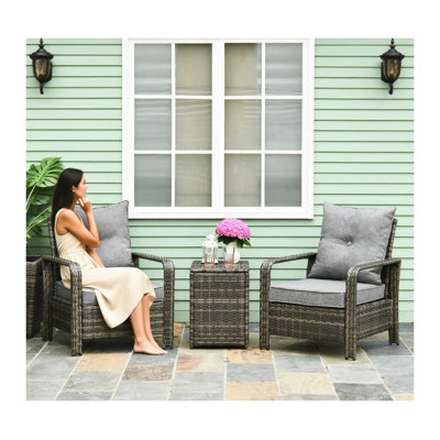3-Piece Brown Wicker Patio Furniture Set with Storage Table and Two Chairs