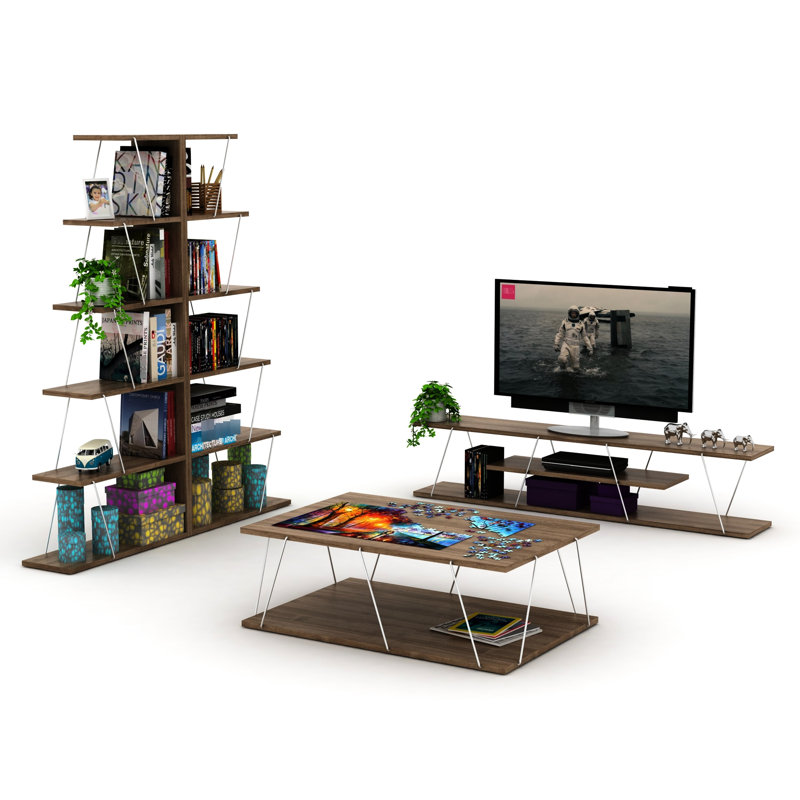 Walnut/ Tv Stand With Mid Century Modern Look, 56 Inch Low, 4 Shelves Open Storage Entertainment Centre, Low Shelves, Walnut/, Solid Wood