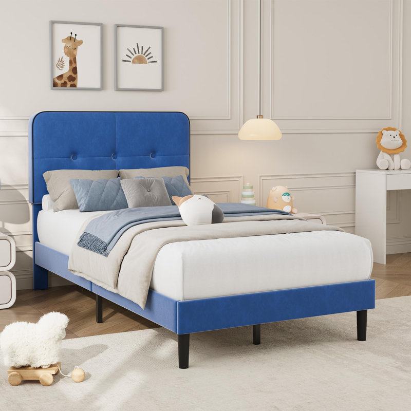Structure de lit simple tapissier en velours avec tête de lit réglable, lattes de bois, support en métal, aucun sommier requis, assemblage rapide, bleu (bordure noire)