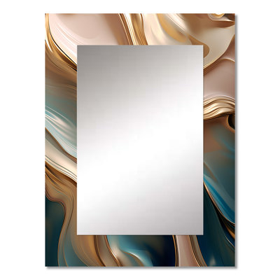 Tender Wave Harmony Liquid Gold And Turquoise I - Abstract Shapes Mirror, Modern Unique Wall Mirror, Printed Metal Art