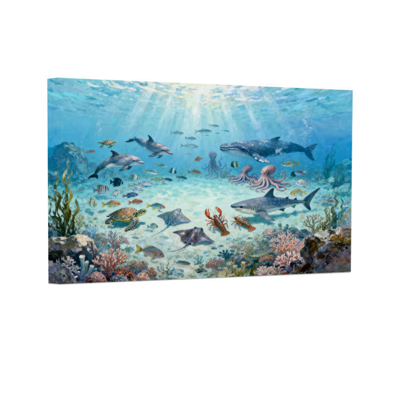 Animals Underwater Ocean Life Scene With Dolphins Sharks And Coral, 16" H x 24" W