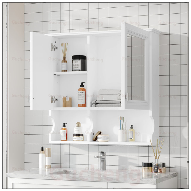 Armoire de toilette murale à miroir avec tablettes ouvertes, tablette réglable et rangement dissimulé pour les toilettes modernes