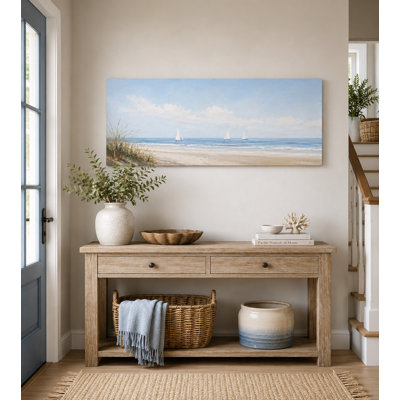Soft Blue Coastal Sailboat Canvas Wall Art, Beach Ocean Landscape Painting, Modern Wrapped Canvas Wall Decor