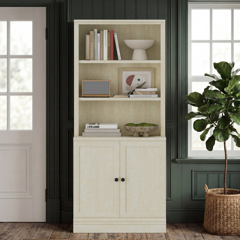 Bookcase with Adjustable Shelves, 5-Tier Multi-Depth Bookshelf with Door, Open Shelf Organizer with Adjustable Open Shelves and Storage Cabinets, Cream, 72.5 Inch