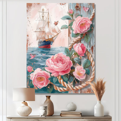 Pink Green Pirate Anchor With Pink Roses I - Coastal Wall Art
