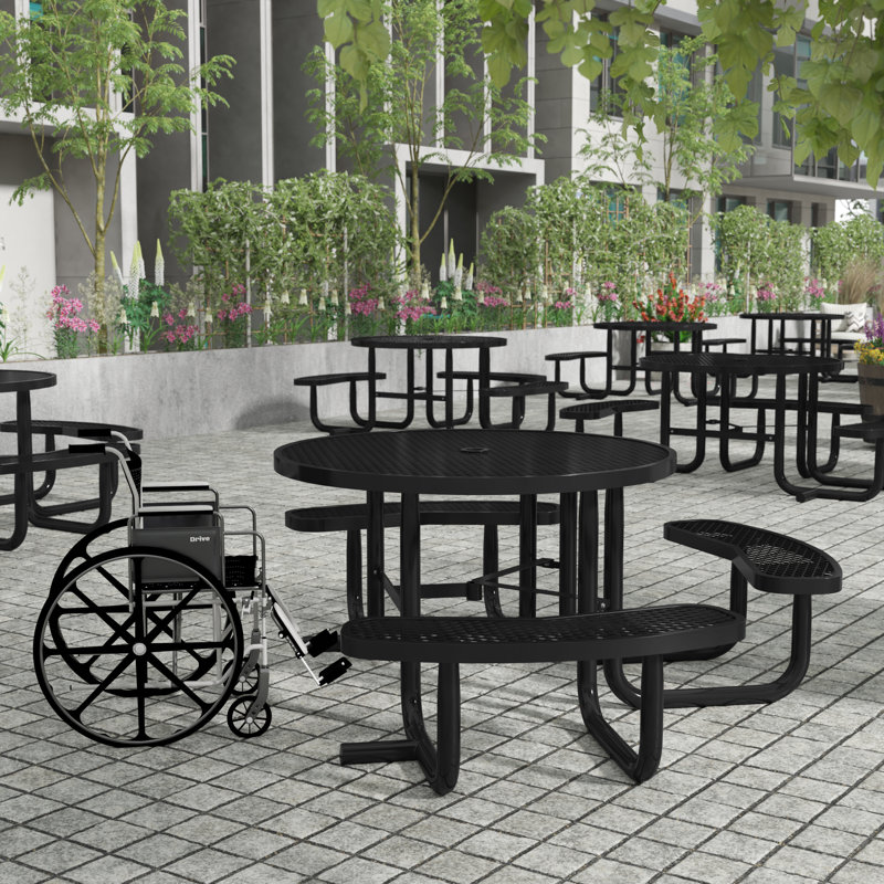 46" Round Wheelchair Accessible Metal Picnic Table With Ground Anchors, Black