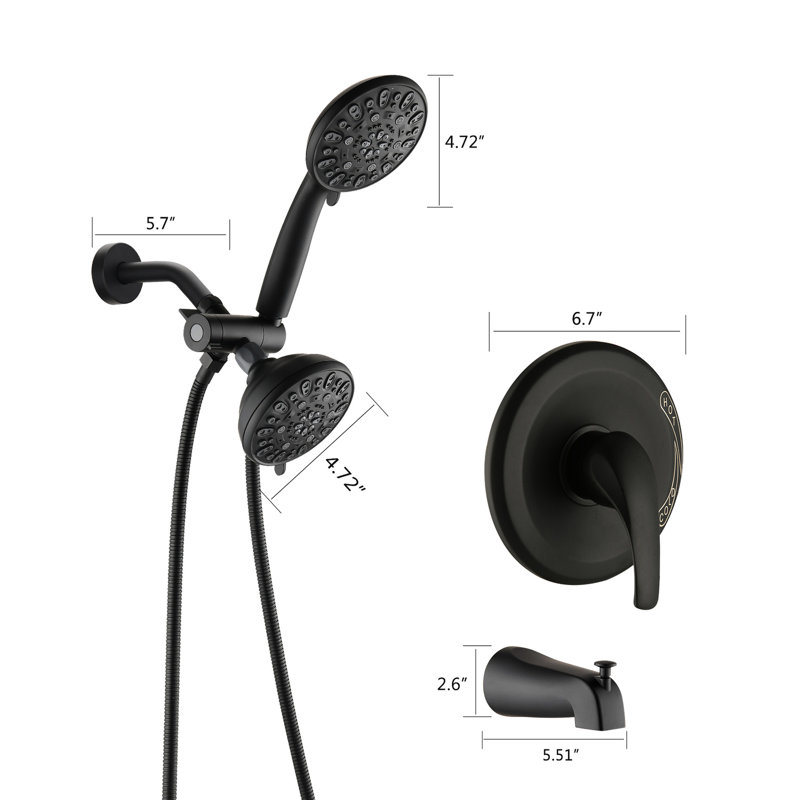 Wall Mounted Shower System With Tub Spout - Matte Black, High Dual 2 In 1 Faucet Valve. 7 Spray Modes Head & Hand Included. 1.8 Gpm Flow Rate. All Metal Structure For Durability. 59" Hose Length,