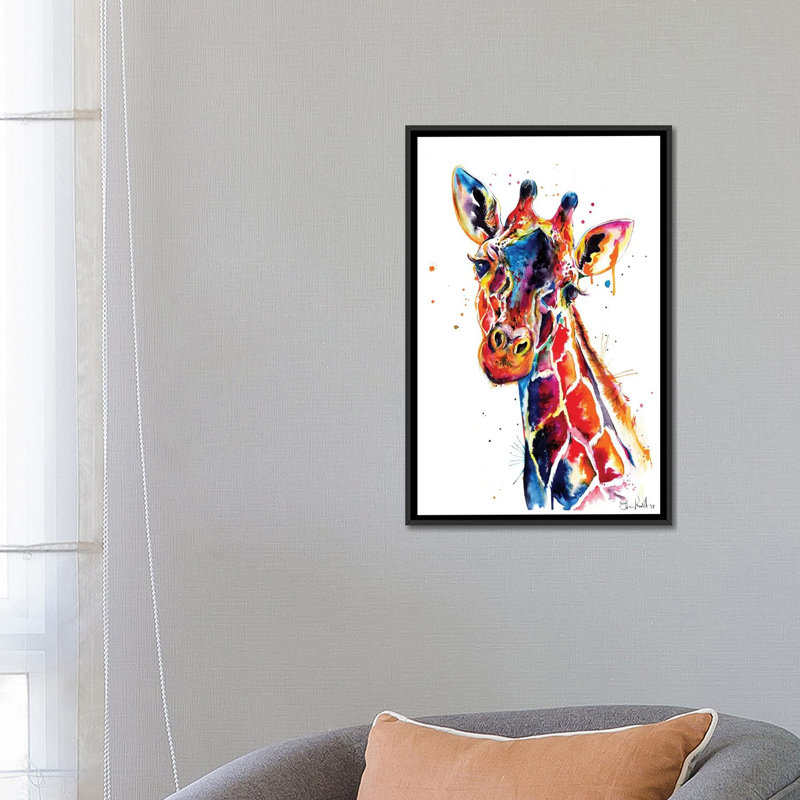 « giraffe », reproduction sur toile, H 26 po x l 18 po x P 1,5 po, Toile avec cadre noir, Blanc