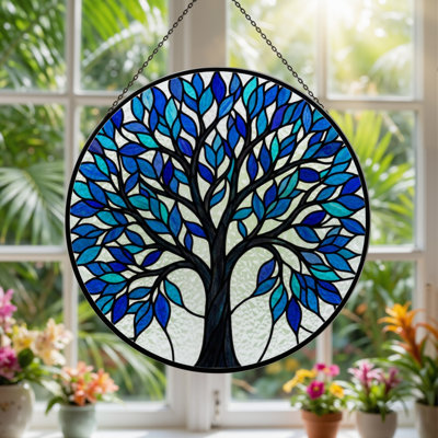12"H Blue Tree Stained Glass Window Panel