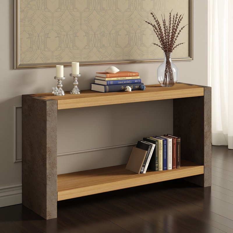 Rustic Console Table with Dovetail Craft, Distressed Metal Look, Wood Veneer Accent