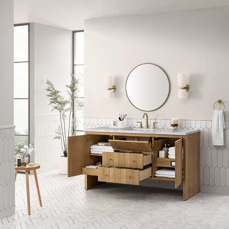 Hudson 60'' W Single Vanity, Eternal Jasmine Pearl, 8" Widespread, Light Natural Oak