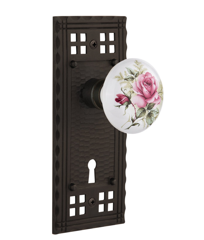 Assiette artisanale avec trou de serrure décoratif et bouton de porte en porcelaine blanche, Bronze frotté à l'huile