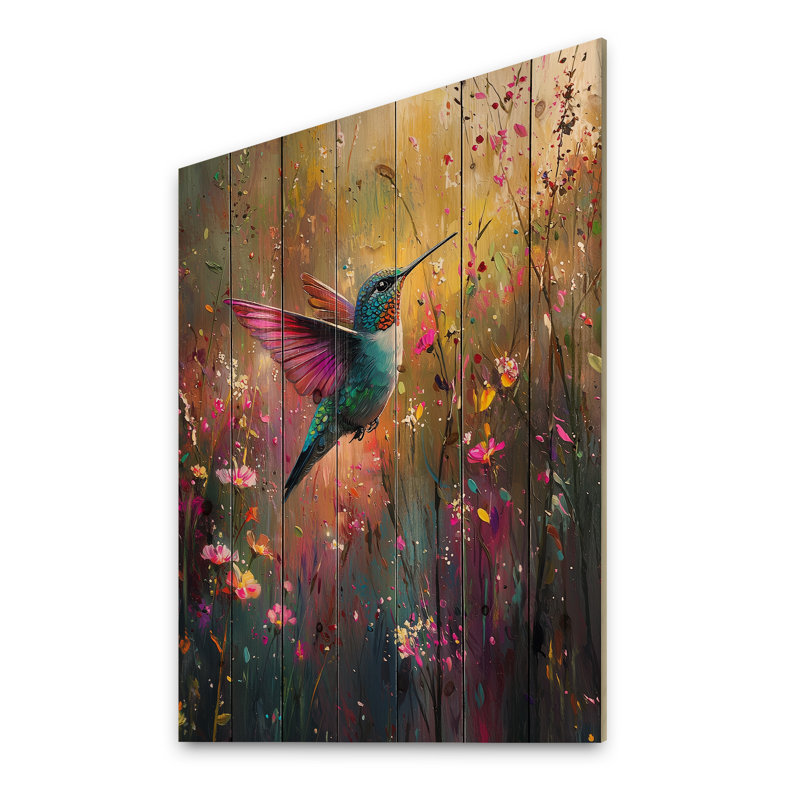 Hummingbird In The Spring Forest - Bird Wood Wall Art - On Natural Pine Wood, 20" H x 10" W x 0.78" D