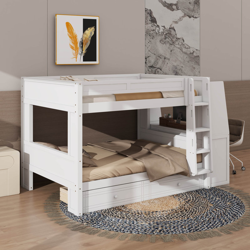 Lit superposé double avec bureau et bibliothèque, tiroirs