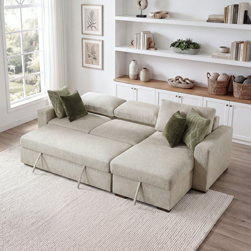 Canapé modulaire en microfibre moderne et contemporain de 110,5 po Retford avec méridienne réversible, lit escamotable et rangement dissimulé