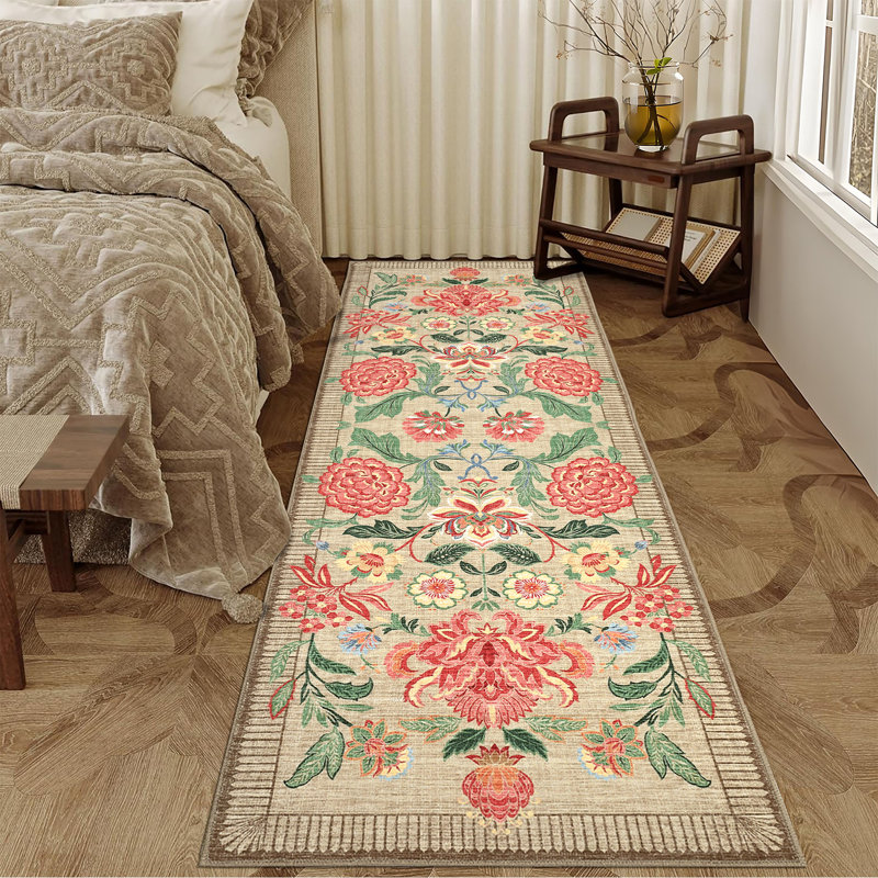 Tapis lavable rétro Vintage Boho Rugs, Tapis de couloir 2 pi x 6 pi, Ivoire ivoire