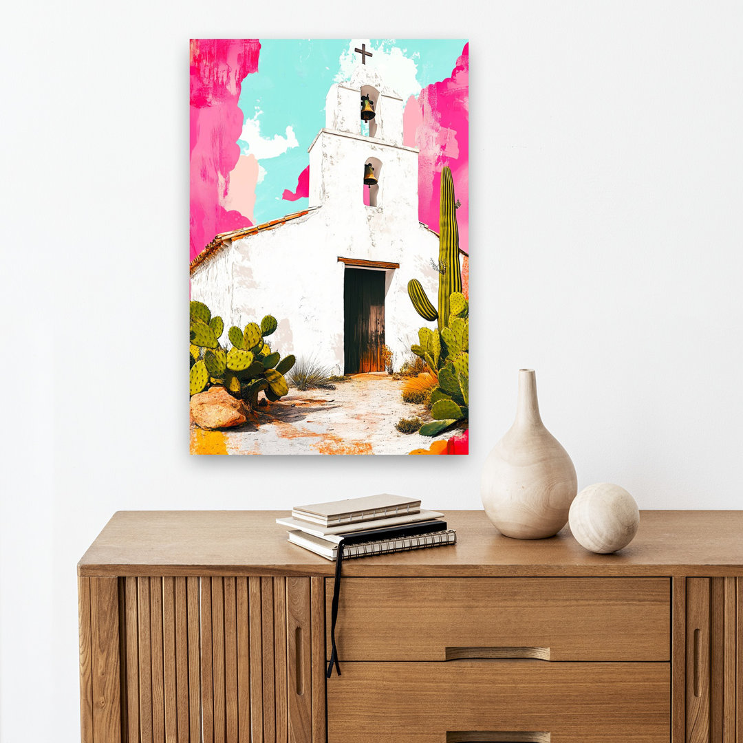 Vibrant Desert Mission Colorful Rustic Serene Cactus Architecture Landscape Wall Art Print