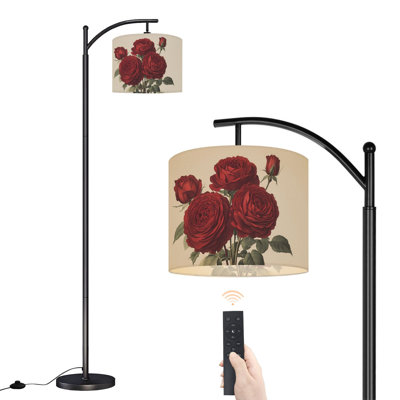 Arc Floor Lamp Vibrant Red Roses Full Bloom Green Leaves Floor Lamps with Remote LED Lights Adjustable Lamp Shades Tall Standing Lamps for Reading Office Living Room