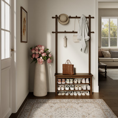 Agripina Solid Wood Dark Walnut Hall Tree Shoe Bench with Hanging Hooks & Shoe Shelves