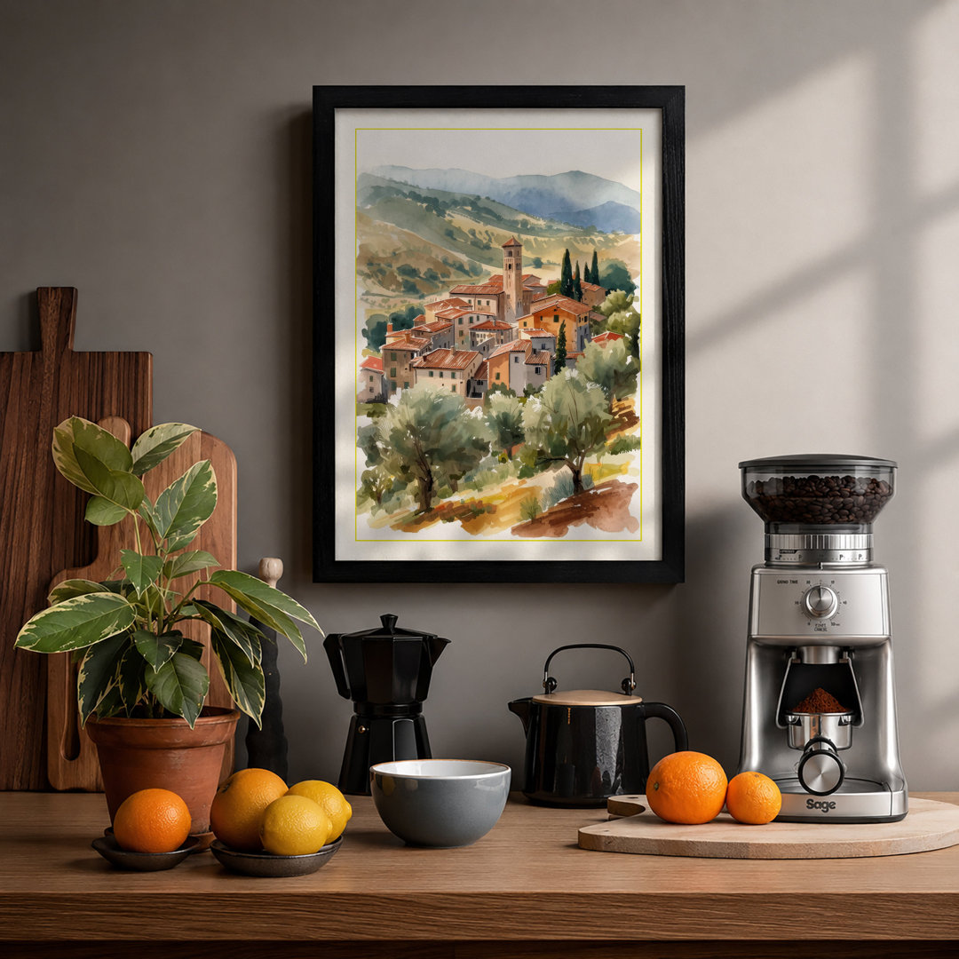 Tuscan Hillside Village Rustic - Framed Print