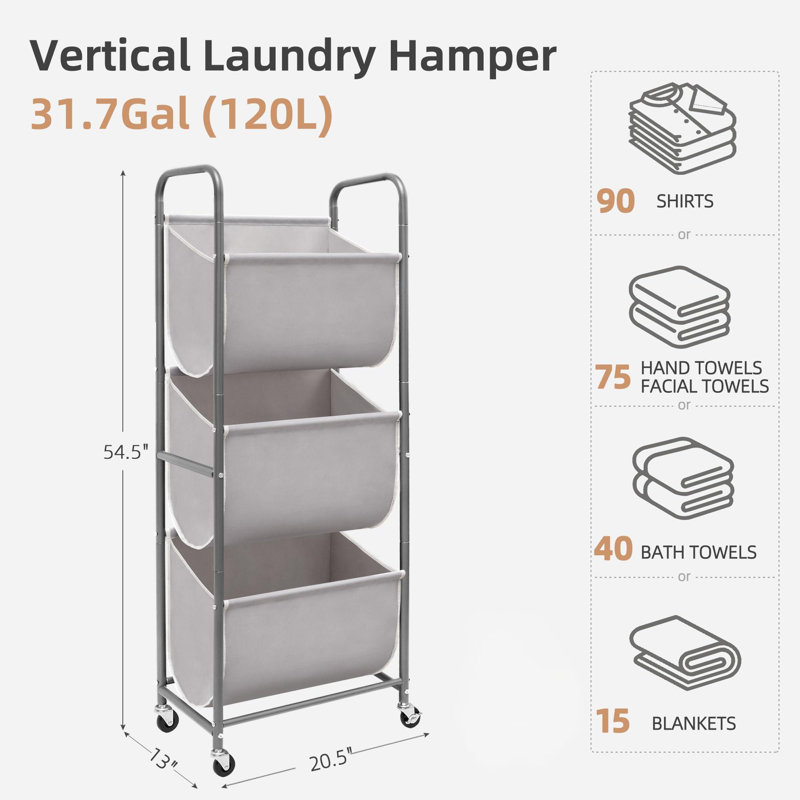 Panier à linge à roulettes verticales 120 litres, trieur de linge à 3 sections avec roulettes et 2 paniers, paniers à linge à 3 niveaux, gris à 3 niveaux