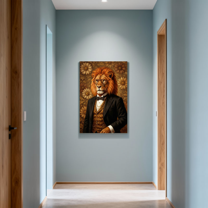 Animaux, lion en costume avec lunettes et fleurs, H 48 po x l 32 po