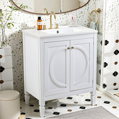 Meuble-lavabo de 30 po avec lavabo en céramique blanc, deux portes à fermeture en douceur, tablette réglable, cadre en bois massif, panneaux, protection contre le débordement
