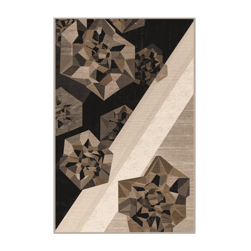 Tapis moelleux moelleux à motif géométrique moderne et contemporain beige - reliure beige, 7 x 10