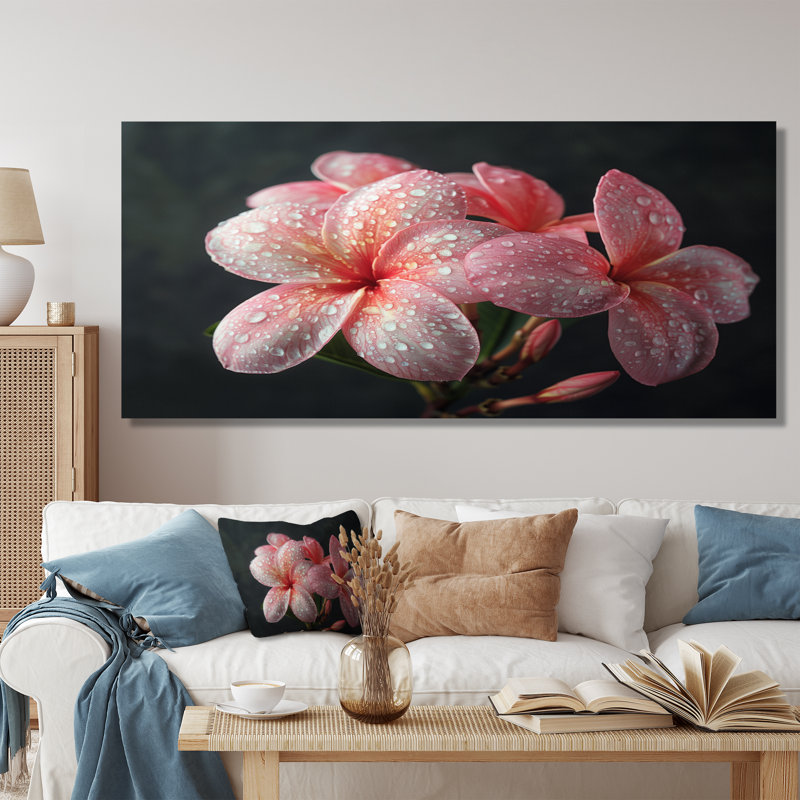 Plumeria rose noir, charme rétro I - décoration murale Plumeria, Toile tendue, H 28 po x l 60 po x P 1,5 po
