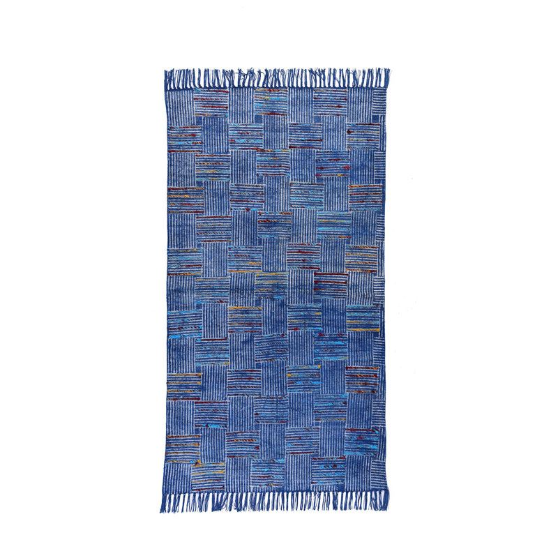 Tapis bleu en coton tissé à plat à la main Crickhollow, Rectangle de 3 pi x 5 pi