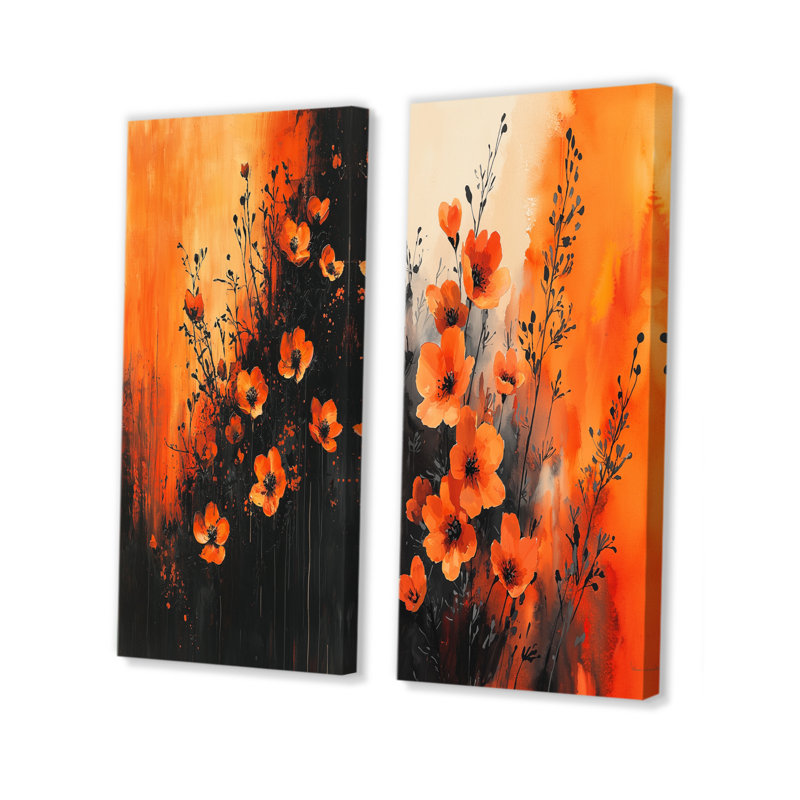 Burning Wildflowers in Orange Expressionism I - Art mural floral 2 panneaux, Toile tendue, H 28 po x l 25 po