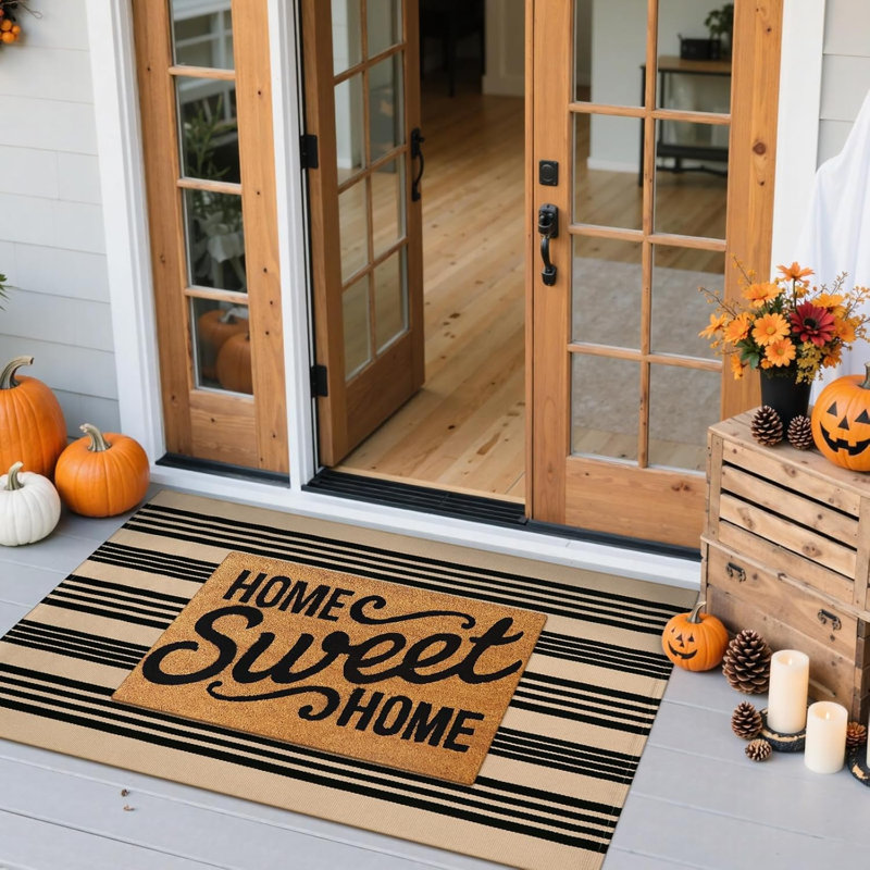 Striped Outdoor Front Door Mat 24"X51", Cotton Hand Woven Washable Black And Khaki Rug Runner, Reversible Foldable Indoor Layered Front Door Rugs For Entryway/Farmhouse/Home Entrance