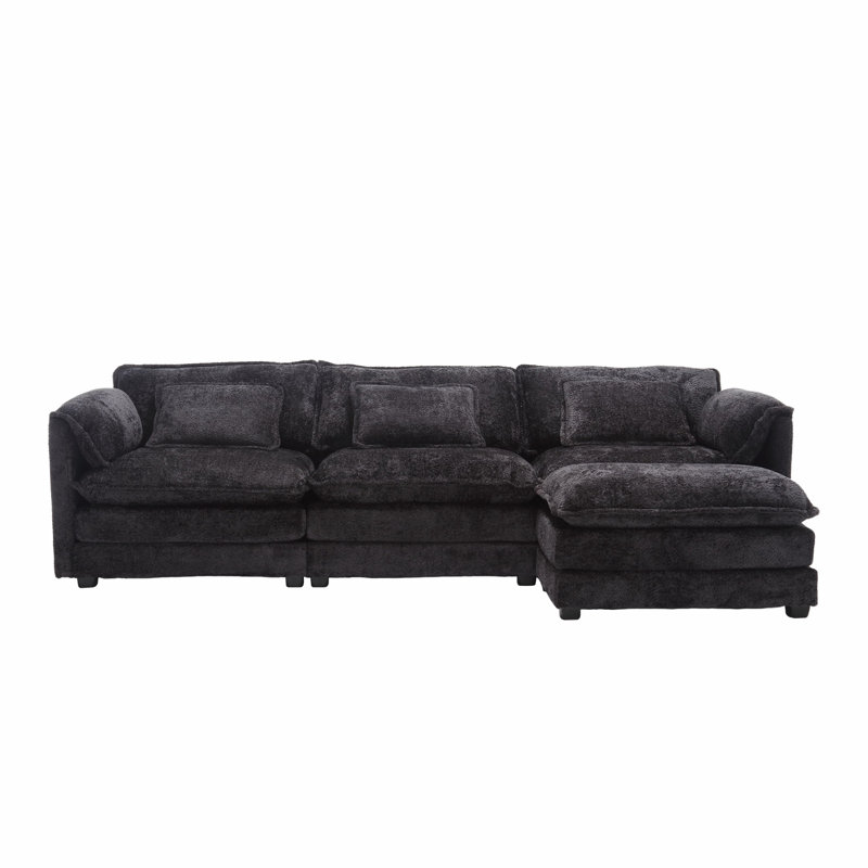 Millan 112" L Shaped Modular Sectional Sofa with Ottoman & Memory Foam, Black Chenille